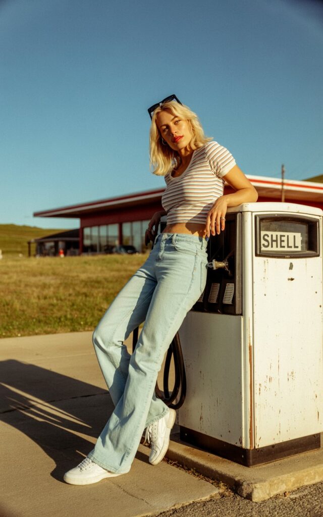 Athletic blonde with sun-kissed skin, loose beachy waves, wearing light-wash flared jeans, retro striped ringer tee, and white sneakers. Captured in front of a vintage gas station, natural daylight. She’s leaning casually against the pump, playful smirk, sunglasses pushed up on her head.