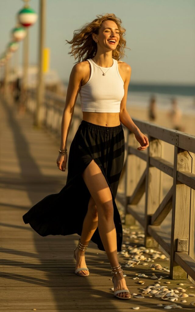 Beach boardwalk golden hour shot. Model in a white crop top and high-slit black maxi skirt, strappy flat sandals, layered anklets. Hair natural wavy flow in wind. Lighting warm golden sunlight. Pose walking barefoot, soft candid laugh.