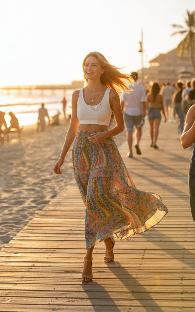 Beach boardwalk setting during sunset. A slim model with honey-blonde hair wears a vibrant printed maxi skirt with a white crop top, styled with layered necklaces and wedge sandals. She’s walking barefoot on the wooden planks, smiling freely.