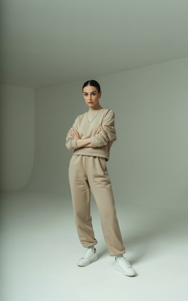 Beige sweatsuit paired with crisp white sneakers. The model is photographed in a minimalist studio with soft white lighting. She’s standing with arms folded, posture relaxed but confident. Hair is slicked back, clean makeup. The overall vibe is sharp, refined, and chic.