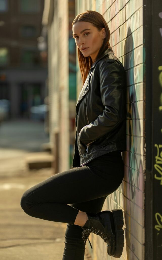 Black faux-leather shacket over fitted black leggings and lace-up boots. The model is leaning against a graffiti-covered wall in an urban alleyway. Late-afternoon golden light creates contrast. Her hair is sleek and straight, expression confident and slightly mysterious.