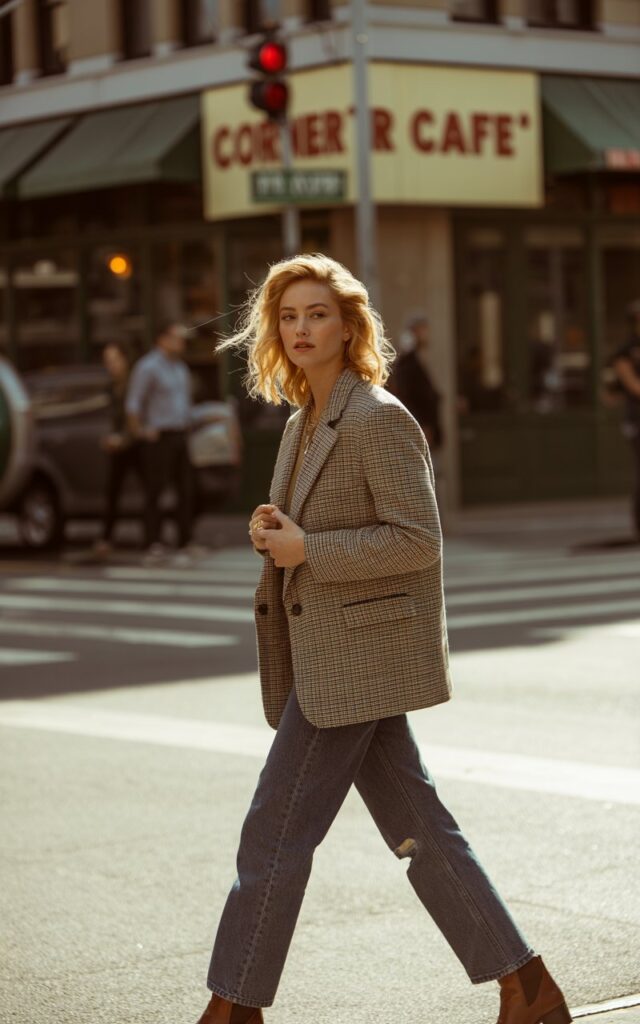 Blonde model with waves tucked behind her ears, wearing a boxy vintage plaid blazer over straight-leg jeans, paired with ankle boots. Captured on a downtown street corner at golden hour. She’s standing mid-crosswalk, looking off to the side, wind blowing her hair naturally.