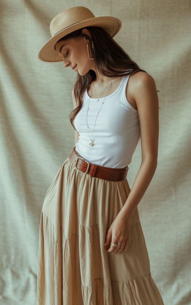 Boho-chic studio shoot with soft window light. A brunette model with waves wears a beige long skirt with a white tank and bold leather statement belt, layered necklaces, and a wide-brim hat. She’s standing angled slightly, looking down with a serene smile. The neutral tones feel editorial and elevated.