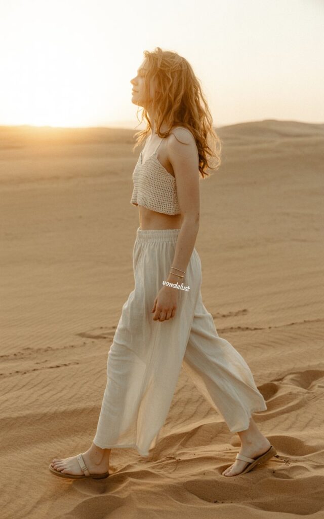Boho-inspired shoot in a desert location during golden hour. Model wears a white crochet crop top with high-rise wide-leg flowy trousers and leather sandals. Hair loose and windblown. She walks barefoot in the sand, dreamy and free-spirited.