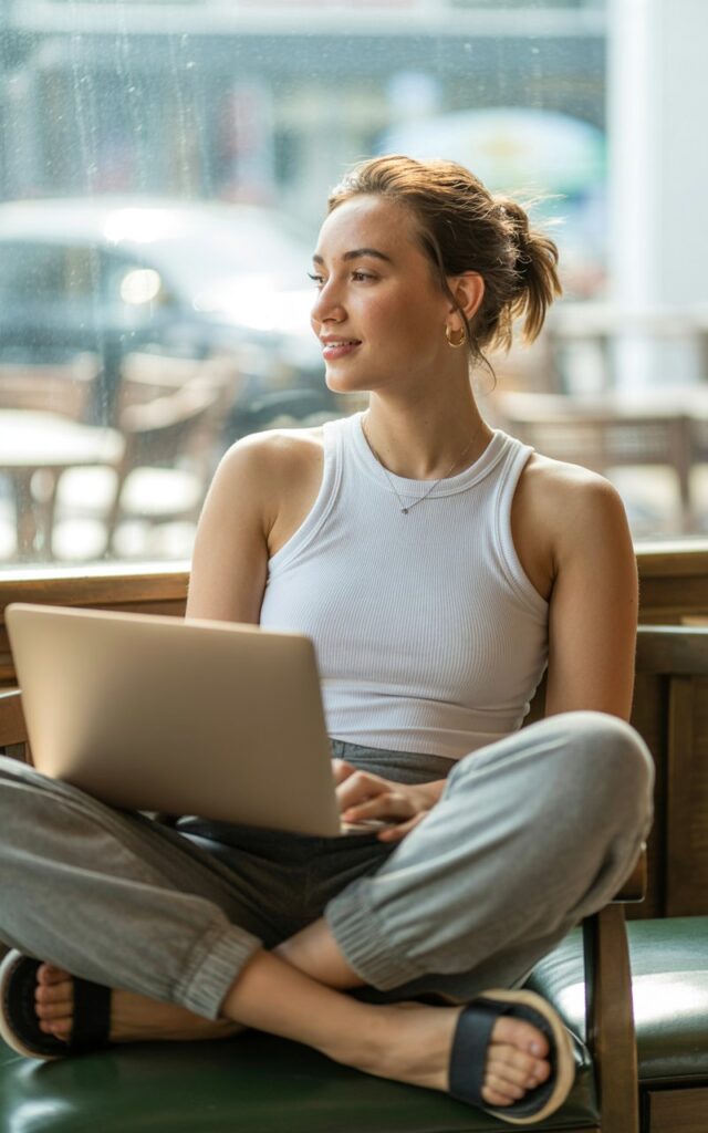 Bright indoor café with natural window light. She wears grey joggers, a fitted ribbed white tank, and black slides. Hair in a messy bun, light natural makeup. She’s seated at a wooden table with a laptop, looking up with a casual smile.