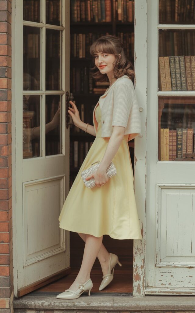 Brunette model with bangs styled in soft curls, wearing a pastel yellow fit-and-flare dress with a white cropped cardigan, paired with kitten heels. Captured in front of a vintage bookstore, warm natural daylight. She’s leaning slightly against the doorframe, holding a small clutch, giving a sweet retro smile.