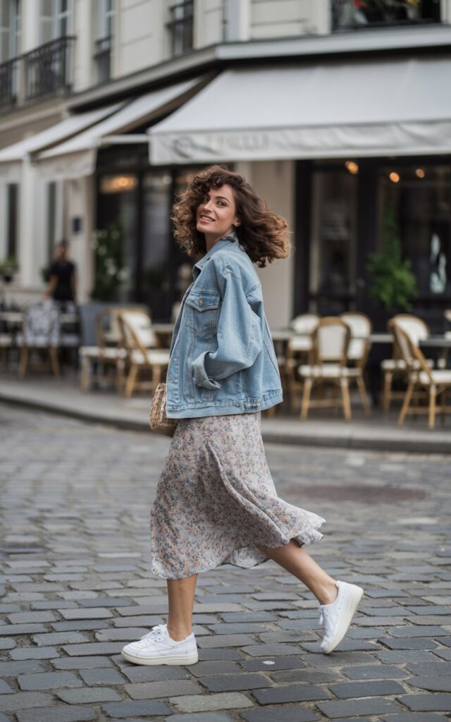 Brunette model with loose curls in a light blue denim jacket over a floral midi dress, paired with white sneakers. Shot on a cobblestone European street, soft daylight. She’s mid-walk, looking over her shoulder with a carefree expression.