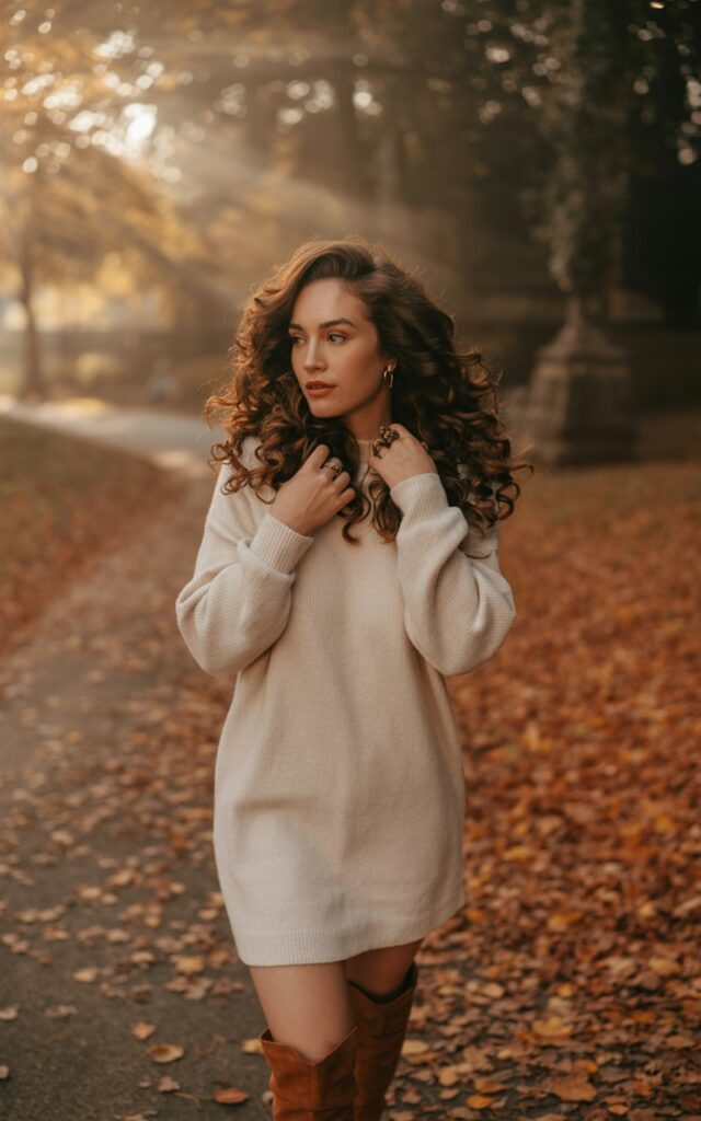 Brunette with voluminous curls, in a cream sweater dress and suede knee-high boots. Shot on a leaf-covered autumn path, golden-hour glow. She’s walking with hands brushing hair, dreamy expression.