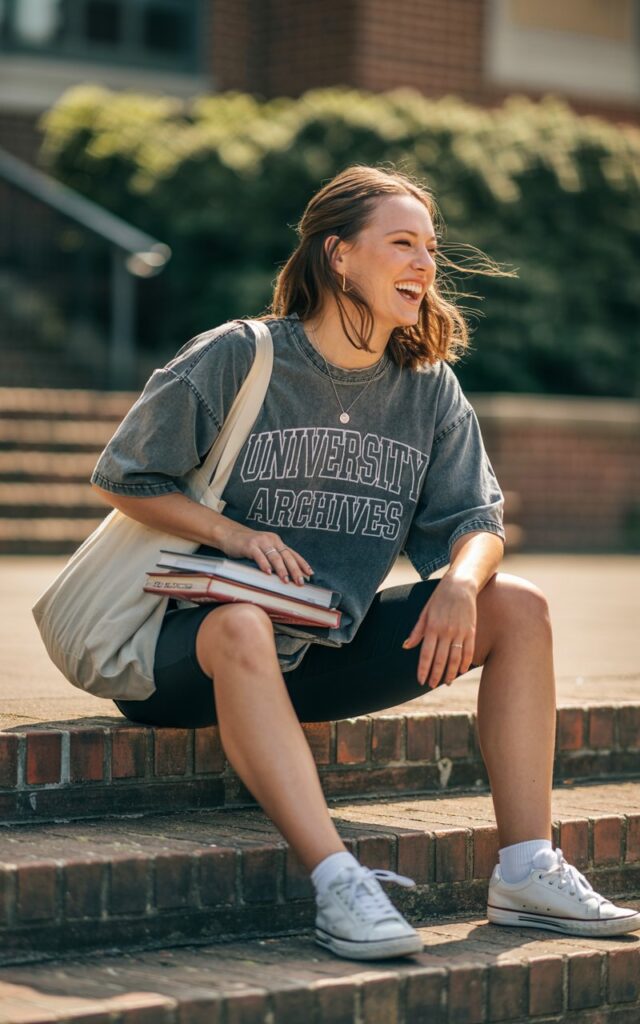 Campus steps in natural daylight. She wears a large vintage oversized tee with black biker shorts and sneakers, carrying a tote bag. Hair is messy and natural, makeup minimal. She’s seated on the steps, laughing mid-conversation.