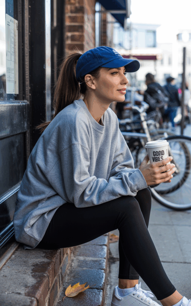 Casual brunette with ponytail, oversized grey sweatshirt, black leggings, sneakers, and baseball cap. Shot at an urban coffee shop exterior, soft morning light. She’s sitting on outdoor steps sipping coffee, relaxed and cozy.
