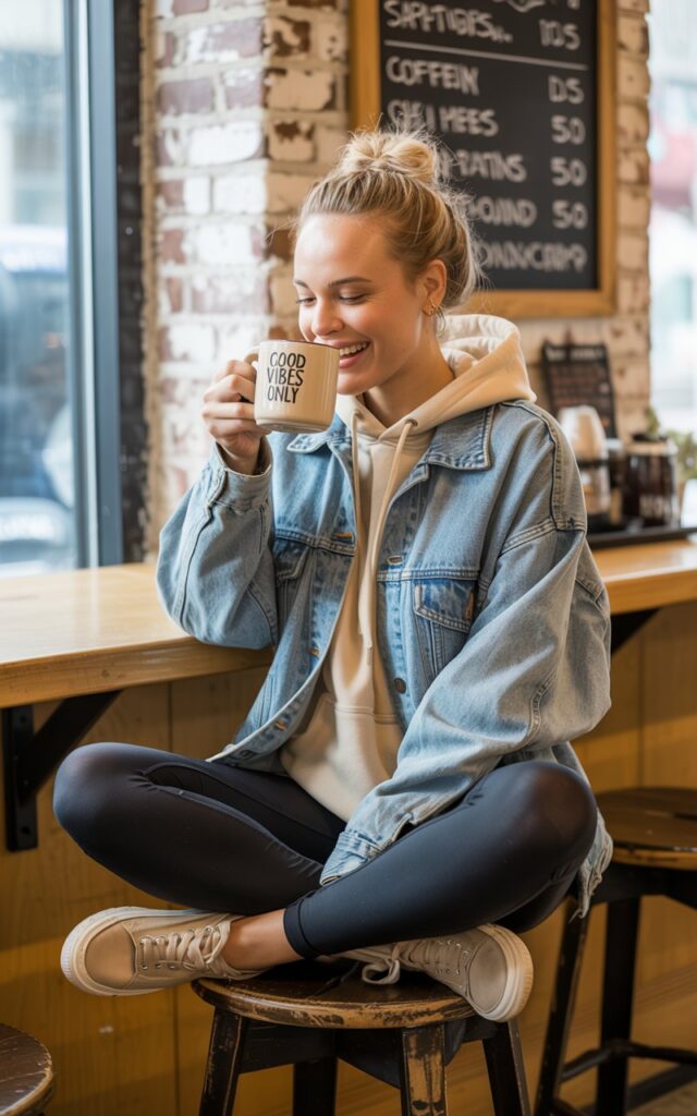 Casual coffee shop interior. Model wears an oversized denim jacket over a cream hoodie with black leggings and slip-on sneakers. Soft indoor window light. Hair in a messy bun. Pose sitting on a bar stool sipping coffee, candid smile.