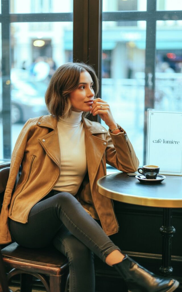 Charming café interior. Model in a tan suede moto jacket over a fitted cream turtleneck with dark skinny jeans and booties. Soft indoor light from large windows. Hair glossy, shoulder length. Pose seated at table with coffee, looking out the window.