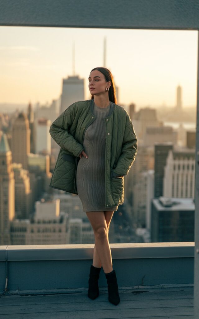 City rooftop with glowing skyline in background. Model wears an olive quilted jacket over a ribbed knit mini dress with ankle boots. Sunset golden light. Hair sleek, parted down the middle. Pose standing strong, one hand in jacket pocket.