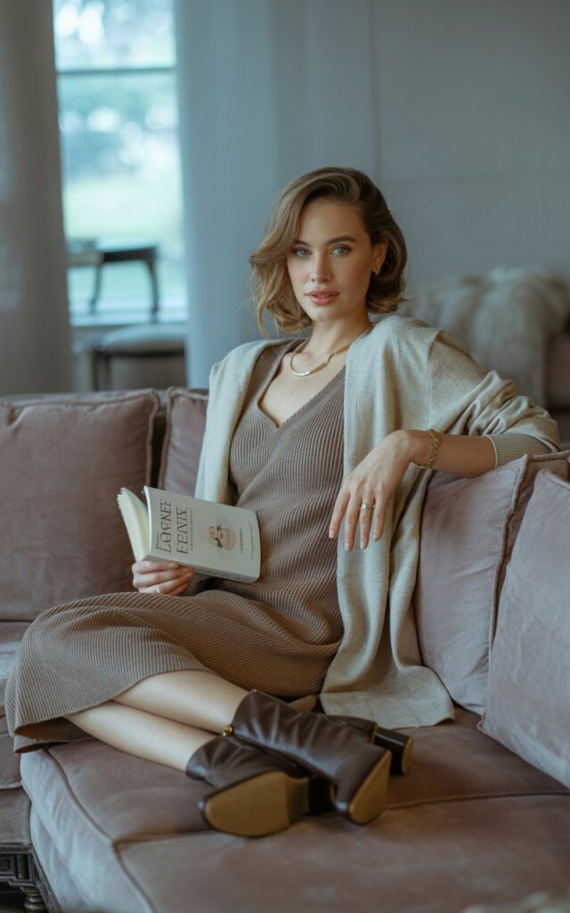 Cozy indoor lounge. Model wears a taupe knit midi dress with a long cream cardigan, suede ankle boots, and dainty jewelry. Hair in loose waves. Soft indoor lighting through a window. She lounges on a sofa, legs crossed, serene and chic.