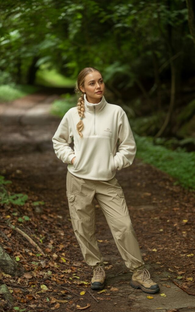 Cream half-zip fleece paired with khaki cargo joggers and sturdy hiking boots. The model is standing on a forest trail, surrounded by greenery. Diffused daylight creates soft shadows. Hair is styled in a simple braid, hands in pockets, relaxed stance, looking adventurous.