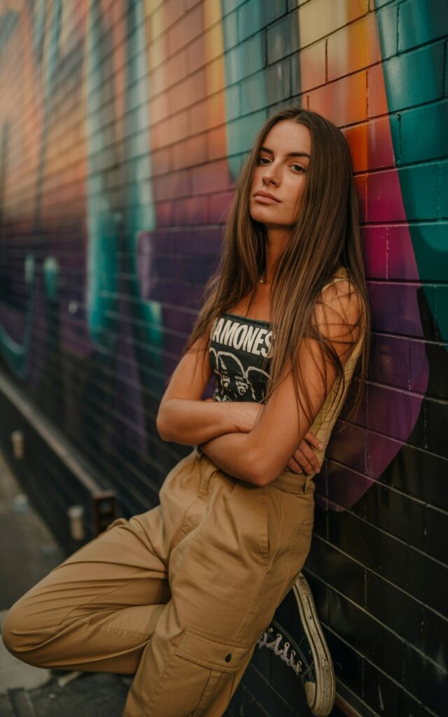 Edgy brunette model with straight long hair, wearing khaki cargo pants, a vintage band tee, and black high-top sneakers. Shot on an urban street mural background, golden hour light. She’s leaning against the wall with arms crossed, casual smirk.
