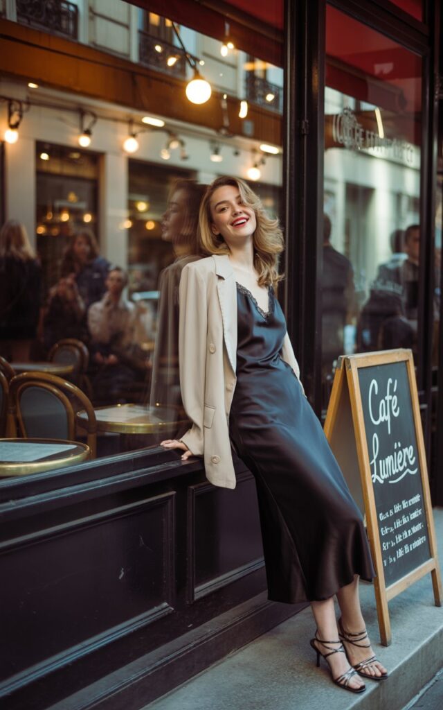 Editorial-style full-body shot of a white-skinned model leaning casually against a city café window. She wears a silky black slip dress with a structured beige blazer layered over. Strappy black heels complete the look. Hair styled in loose waves, lips bold red. Soft indoor light spills onto her face while she smiles playfully at something off-camera.