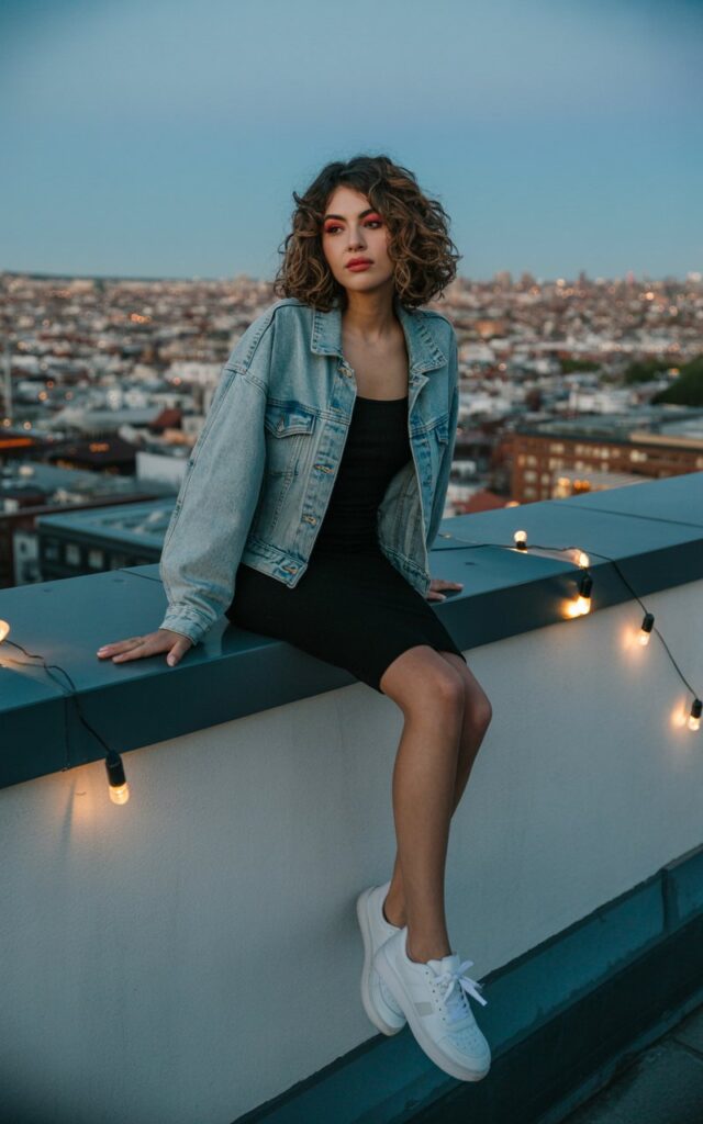 Evening city rooftop with warm lights. She wears a fitted ribbed black bodycon dress under a light-wash oversized denim jacket, paired with sneakers. Hair in voluminous waves, makeup bold. She’s seated on a ledge, looking effortlessly chic.