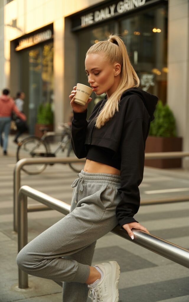 Fit blonde model with straight hair in a sleek ponytail, wearing grey joggers, a cropped black hoodie, and chunky white sneakers. Full-body shot outside a modern café, golden hour lighting. She’s leaning casually against a railing, sipping coffee with a playful smirk.