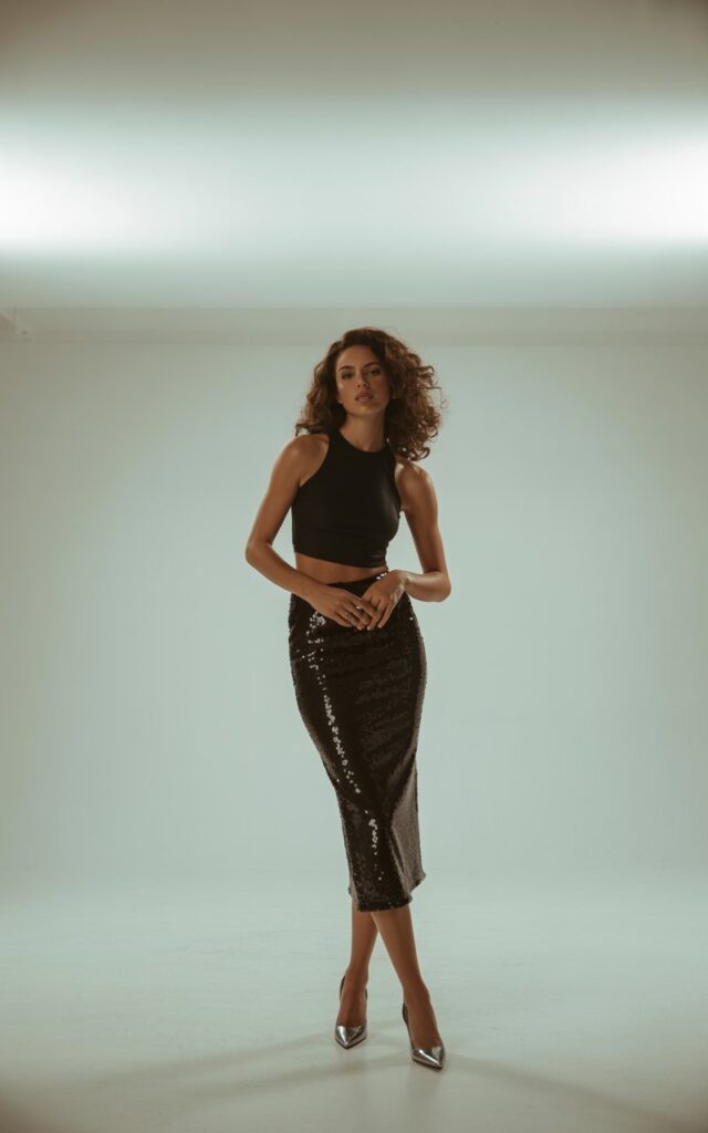 Fit brunette model with natural curls, wearing a black sequin midi skirt, fitted black crop top, and metallic stilettos. Shot against a minimalist white studio wall with soft lighting. She’s leaning slightly to the side, hands resting on her waist, expression sleek and poised.