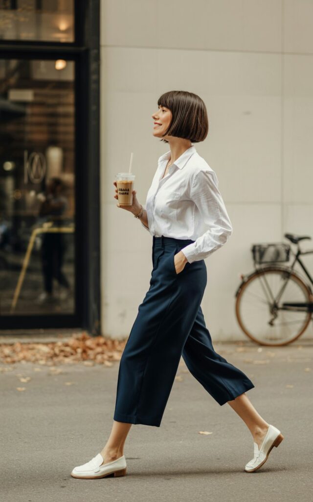Fit brunette with short sleek bob, wearing navy culottes, crisp white button-up tucked in, and loafers. Shot outside a minimalist urban café, soft natural light. She’s mid-step holding an iced latte, chic and effortless.