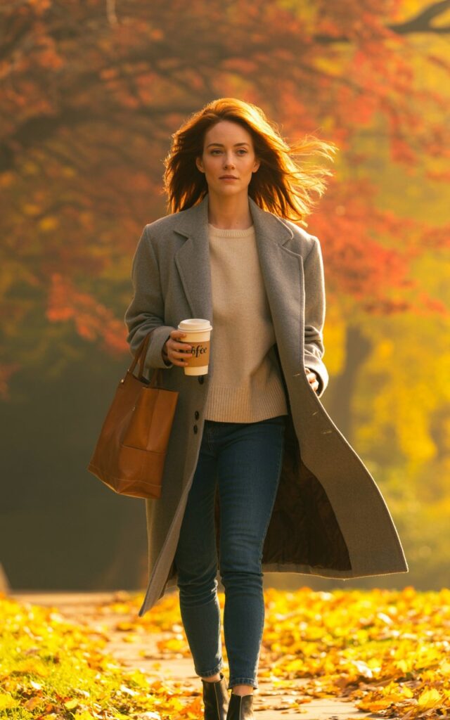 Full-body autumn park scene. Model wears a gray wool coat over a cream sweater and blue skinny jeans. Ankle boots and leather tote complete the look. Hair is loose and windswept. Golden-hour light filters through trees as she walks leisurely, coffee in hand.