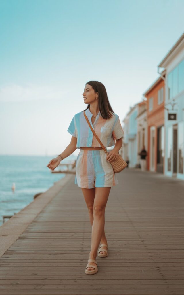Full-body candid shot of a brunette model with sleek straight hair, wearing a pastel linen co-ord set (shorts + crop top), paired with flat espadrille sandals and a woven crossbody bag. Captured on a seaside promenade, bright natural daylight. She’s walking mid-step, looking off to the side, relaxed and stylish.