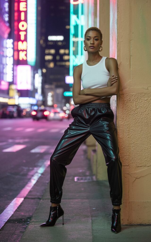 Full-body editorial of a model wearing high-shine black leather joggers with a simple white cropped tank, styled with heeled boots and sleek gold hoops. Shot at night under neon lights in a downtown street. She’s leaning against a wall with arms crossed, sultry confident expression.