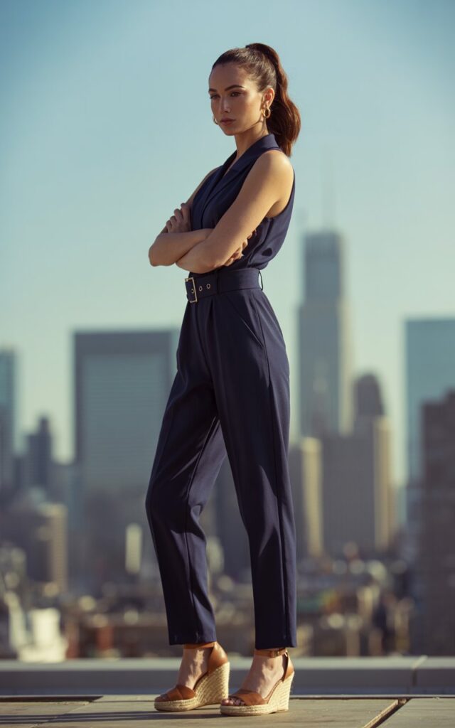 Full-body editorial photo of a brunette model with sleek high ponytail, wearing a tailored navy jumpsuit with a belted waist, tan espadrille wedges, and gold hoop earrings. Captured on a modern city rooftop at golden hour, skyline in the distance. Confident pose, arms crossed lightly, elegant expression.
