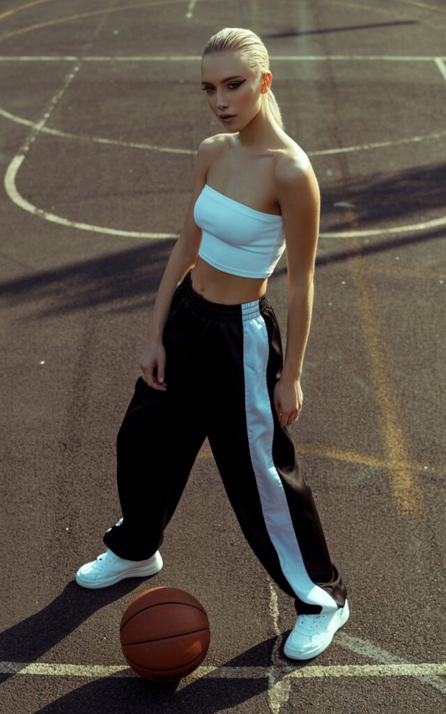 Full-body editorial shot of a model in black track pants with side stripes, a fitted white tube top, and fresh sneakers. Shot on an outdoor basketball court in bright daylight. Hair slicked back in a high ponytail, expression cool and confident, posing mid-walk.