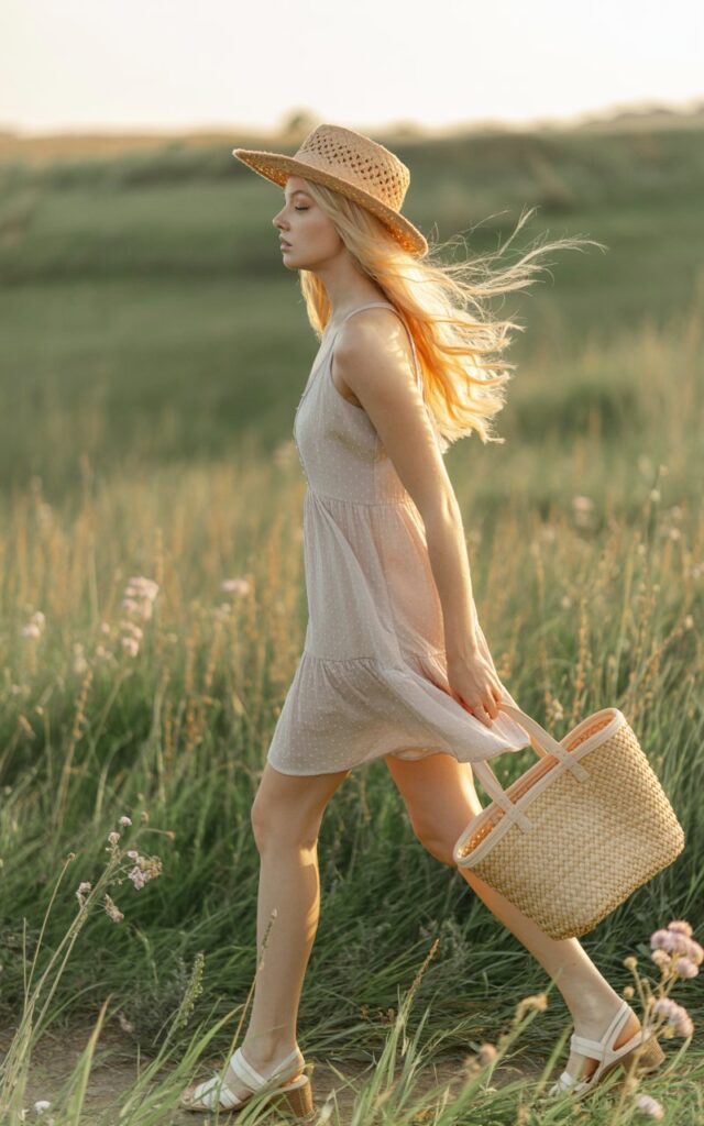 Full-body golden-hour shot of a blonde model with loose waves, styled in a pastel tiered ruffle dress, woven straw hat, and strappy sandals, carrying a woven tote. Captured in a grassy field with sunlight glowing behind her. She’s walking slowly, dress flowing, dreamy expression.