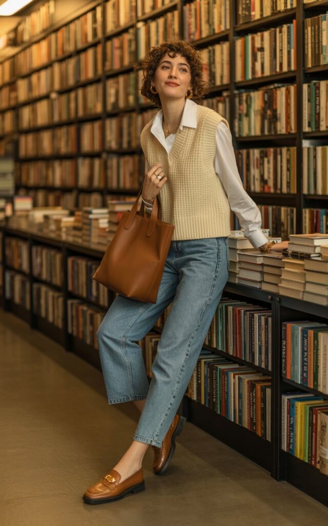 Full-body image inside a cozy bookstore with soft warm indoor light. The model wears a cream knit vest over a white button-up shirt, tucked into high-rise straight-leg blue jeans, finished with brown leather loafers. A structured tote and gold earrings add subtle polish. Her hair is styled in soft curls, with a few strands framing her face. She stands leaning lightly against a bookshelf, looking thoughtful yet approachable.
