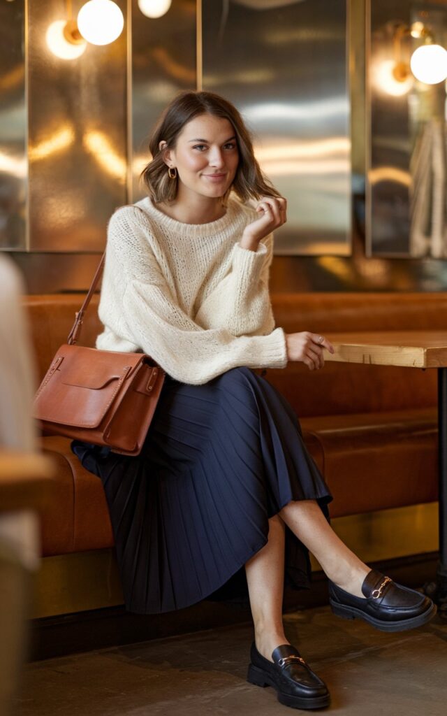 Full-body image inside a cozy indoor café with warm golden lighting. The model wears a soft cream knit sweater loosely tucked into a navy pleated midi skirt, paired with black leather loafers. A leather satchel and small gold earrings add subtle polish. Her hair is in soft waves, framing her face with natural makeup. She sits gracefully on a bench, one hand on her lap, smiling softly at the camera.