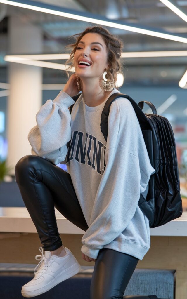 Full-body image inside a trendy co-working space with soft indoor lighting. The model wears an oversized grey graphic sweatshirt paired with black faux leather leggings and bold statement gold earrings. White sneakers and a structured black backpack complete the ensemble. Her hair is styled in loose curls, and her makeup is soft and natural. She sits on a bench with one knee up, laughing softly.