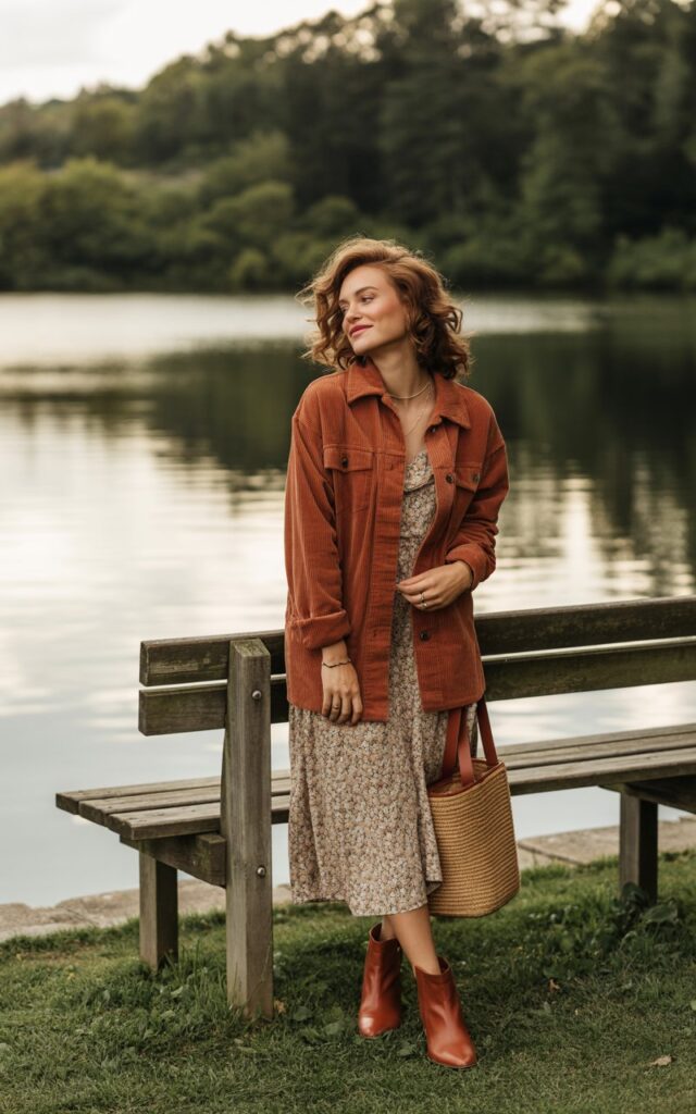 Full-body image near a lakeside bench with soft, late afternoon light and trees in the distance. The model wears a rust-colored corduroy jacket over a floral midi dress paired with brown ankle boots. A woven bag and subtle gold jewelry complete the look. Her hair is in soft curls and her makeup glows with natural tones. She stands relaxed with one hand in her pocket and a content smile.