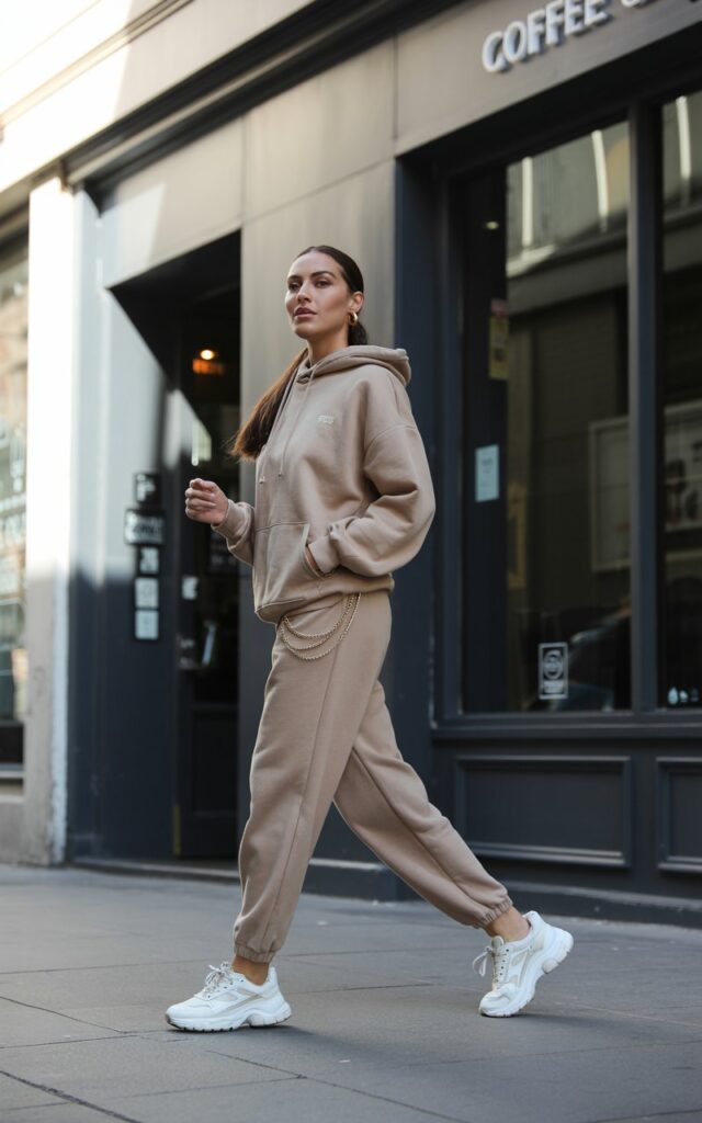 Full-body image of a model in a beige matching sweat set (hoodie + joggers), chunky sneakers, and layered gold chains. Street style shot in front of a minimalist café exterior, daylight. She’s mid-step walking, head slightly turned, casual confident expression.