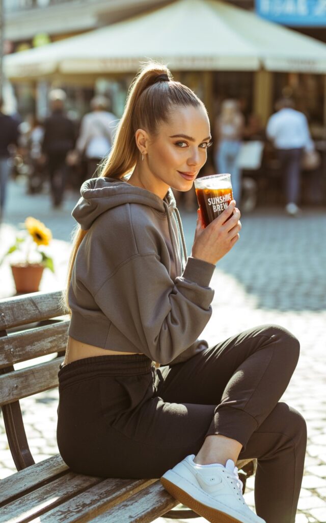 Full-body image of a white female model in a cropped gray hoodie and fitted high-waisted black joggers with white sneakers. She’s sitting on a café bench outdoors, sipping iced coffee, golden-hour sunlight highlighting her sharp jawline. Hair pulled into a sleek high ponytail, expression playful yet chic.