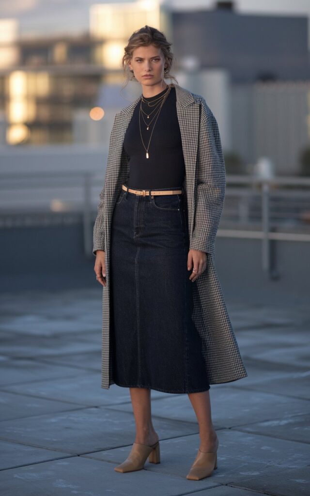 Full-body image on a rooftop terrace with soft evening light and city buildings blurred in the background. The model wears a black fitted bodysuit paired with a high-waisted dark denim midi skirt and beige leather mules. Accessories include layered necklaces and a thin belt. Her hair is styled in loose curls cascading down her shoulders. She stands tall, one hand resting at her side, exuding calm elegance.
