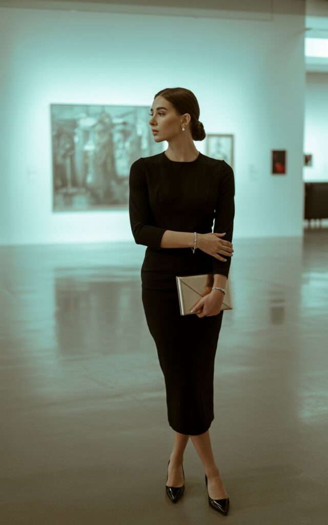 Full-body indoor gallery setting. Model stands gracefully in a fitted black midi dress paired with sharp pointed flats. Minimal accessories—dainty bracelet, clutch bag. Hair in sleek low bun, makeup understated. Neutral soft lighting emphasizes elegance as she gazes thoughtfully at artwork.