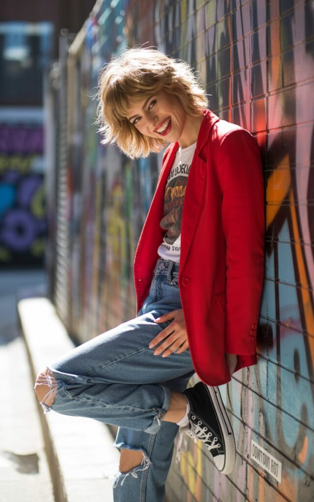 Full-body of a white-skinned female model with layered haircut, wearing a bold red blazer, vintage band tee, ripped jeans, and Converse sneakers. Setting graffiti wall in a downtown alley. Bright daylight. She’s leaning against the wall, playful grin. Fun and rebellious.