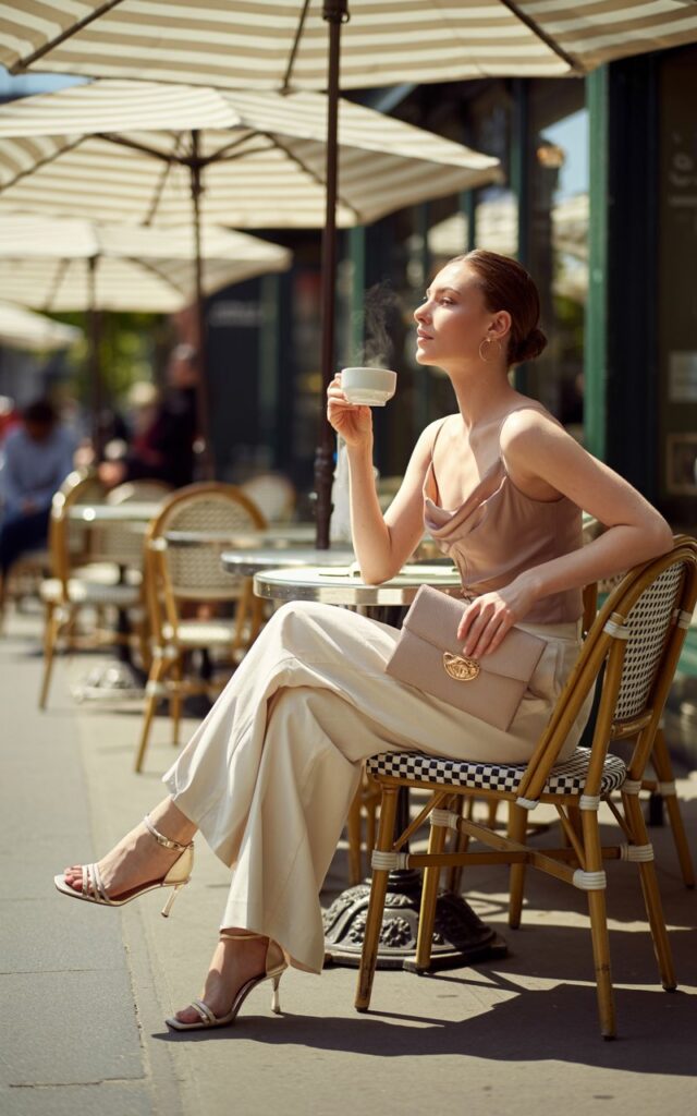 Full-body outdoor café scene at midday. A model sits on a terrace chair, wearing a champagne silk camisole tucked into flowing cream wide-leg trousers. She pairs with strappy nude sandals and a small clutch. Her hair is loose and slightly tousled. Sunlight dapples through umbrellas, giving a chic relaxed vibe while she looks thoughtfully at her coffee.