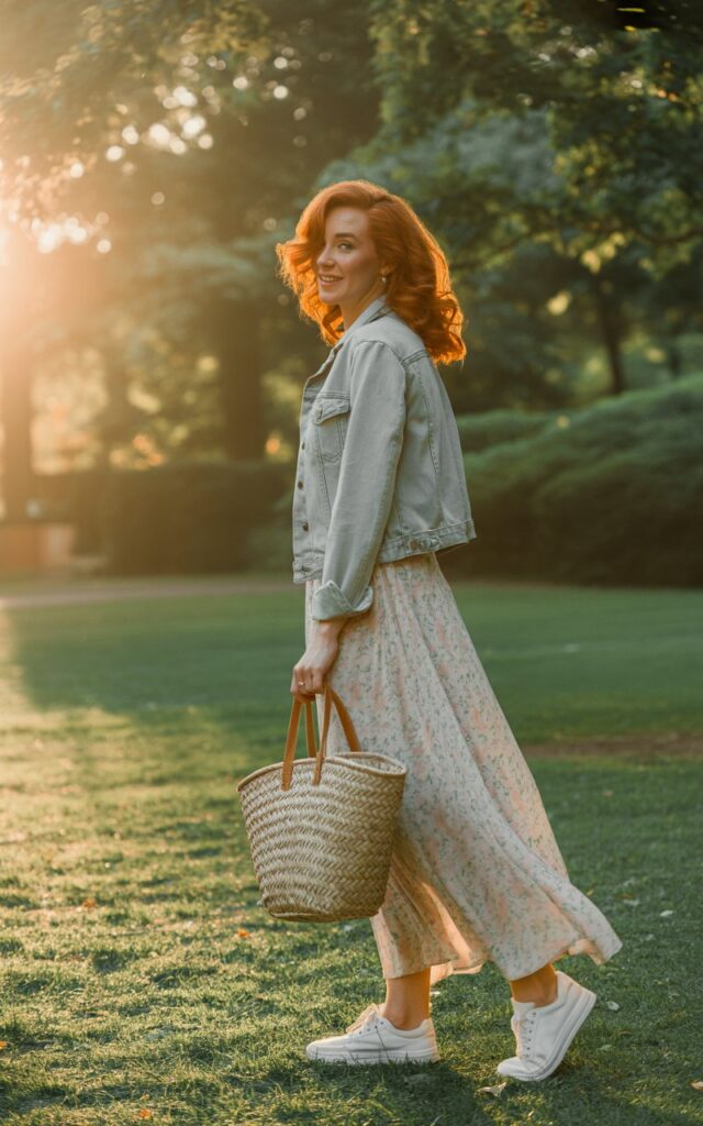 Full-body outdoor shot of a fit woman with auburn hair in loose curls, walking through a park at golden hour. She wears a denim jacket over a flowing pastel floral maxi skirt with white sneakers and a straw tote bag. Her hair glows in the backlight as she looks over her shoulder candidly.
