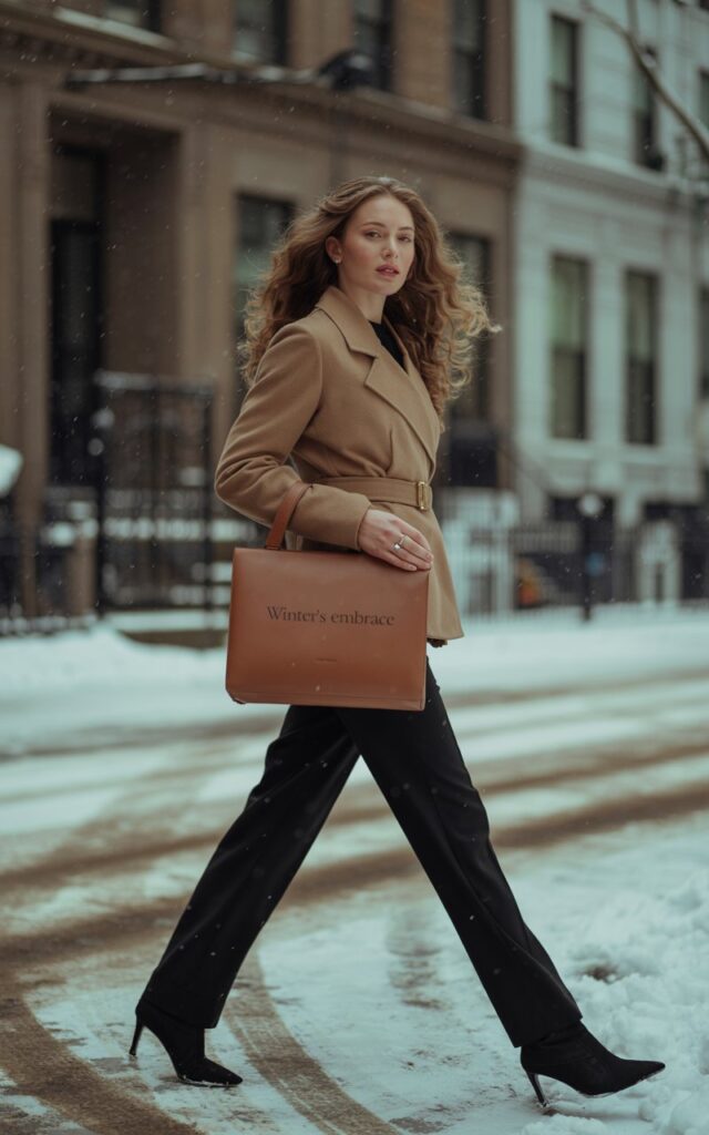 Full-body outdoor winter city scene. Model wears a camel belted wool coat over slim black trousers and pointed black ankle boots. A leather satchel adds polish. Her hair flows naturally in soft waves. Cool daylight and crisp urban background amplify the chic aesthetic as she strides forward, gaze straight ahead with quiet power.