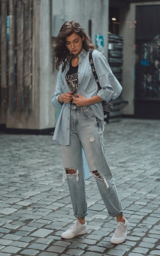 Full-body photo at an artsy outdoor courtyard with cobblestone flooring and urban textures. The model wears a light chambray button-up casually draped over a black graphic tank top and distressed blue jeans. She finishes the look with white canvas sneakers and a small backpack. Her wavy hair is left natural, and she stands with one hand adjusting her shirt, eyes downcast in a candid pose.