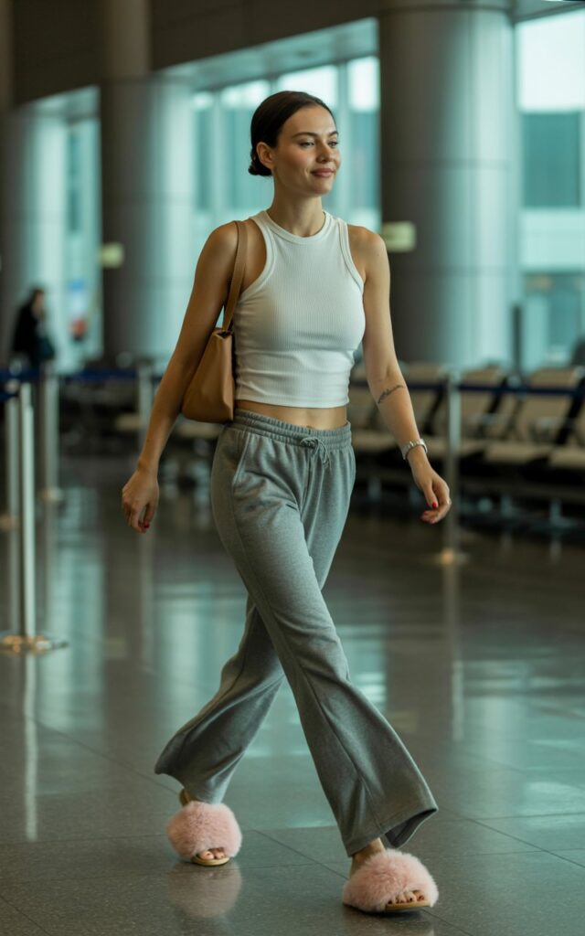 Full-body photo of a model in a fitted ribbed white tank tucked into gray flared sweatpants, paired with fluffy slides and a leather crossbody bag. Taken at an airport terminal with soft indoor lighting. She’s walking mid-stride, hair in a casual bun, looking over her shoulder like a candid travel shot.