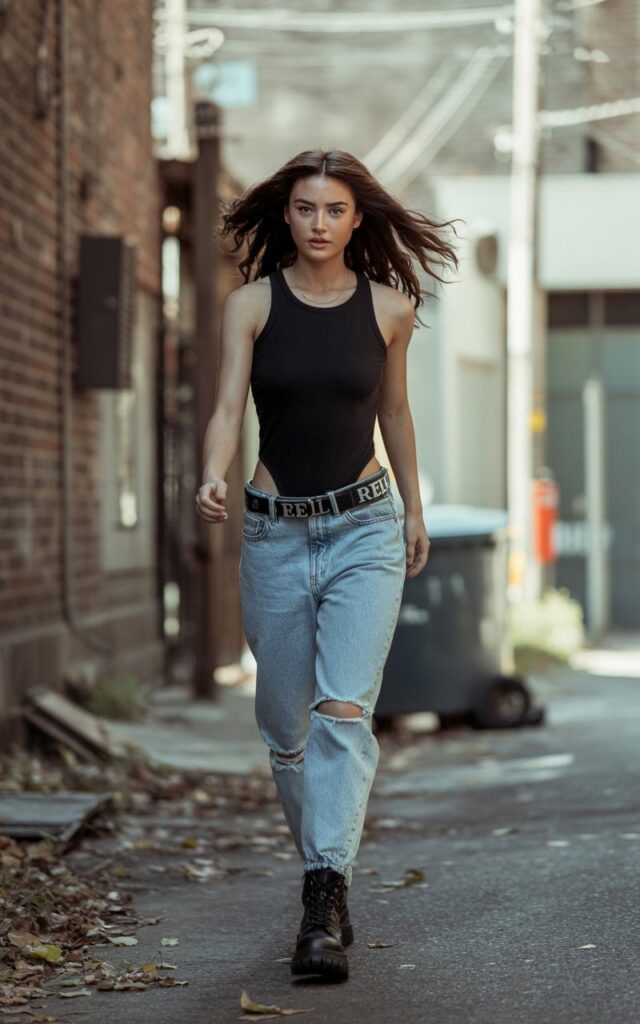 Full-body photo of a model in distressed light-wash mom jeans and a fitted black bodysuit tucked in, with combat boots and a belt. Taken in a gritty alleyway with brick walls, afternoon natural light. She’s mid-stride, hair windswept, looking fierce.