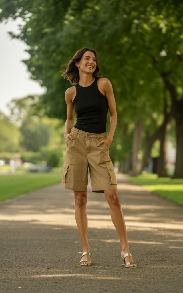 Full-body photo of a model in khaki cargo shorts with a fitted black longline tank and strappy sandals. Taken at a sunny park pathway, natural daylight filtering through trees. She’s standing with one hand in pocket, hair loose and natural, relaxed expression.