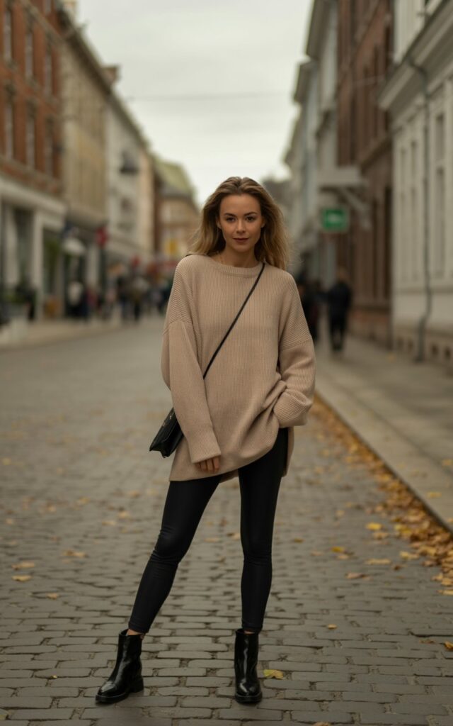 Full-body photo of a white-skinned female model in an oversized beige knit sweater, sleek black leggings, and black leather ankle boots. She carries a crossbody bag, standing casually on a cobblestone urban street with autumn leaves scattered. Natural daylight with a soft overcast glow. Her hair is loose and slightly tousled, makeup minimal. She stands with one hand in her pocket, looking effortlessly chic.