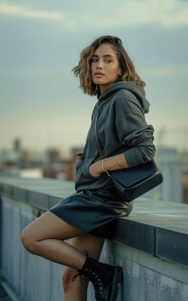 Full-body photo on a city rooftop during overcast daylight. The model sports a charcoal hoodie layered over a black faux leather mini skirt, paired with black combat boots. Accessories include silver rings and a crossbody satchel. Her hair is tousled with natural waves, and she wears minimal makeup. She stands with one knee bent, hands casually in her pockets, projecting an effortlessly edgy vibe.