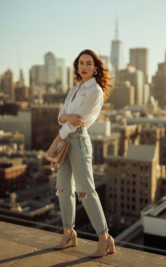 Full-body photo on a city rooftop with golden hour lighting and skyscrapers in the background. The model wears a crisp white button-up tucked into light-washed distressed jeans paired with nude block heels. Accessories include a leather satchel and silver hoop earrings. Her hair is styled in loose waves, and her makeup is soft with a bold lip. She stands confidently, one hand on her hip, looking effortlessly chic.